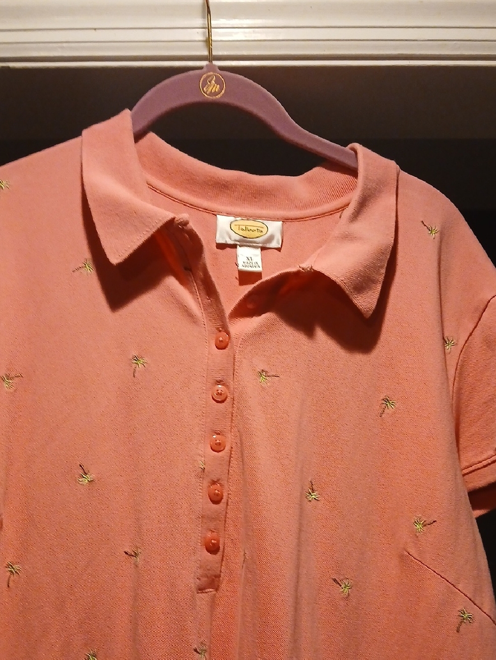 Talbots Coral Pink Polo Dress with Subtle Palm Embroidery